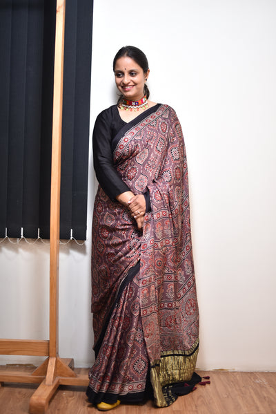 ISHITA: Handblock Modal Silk Tissue Ajrakh Saree