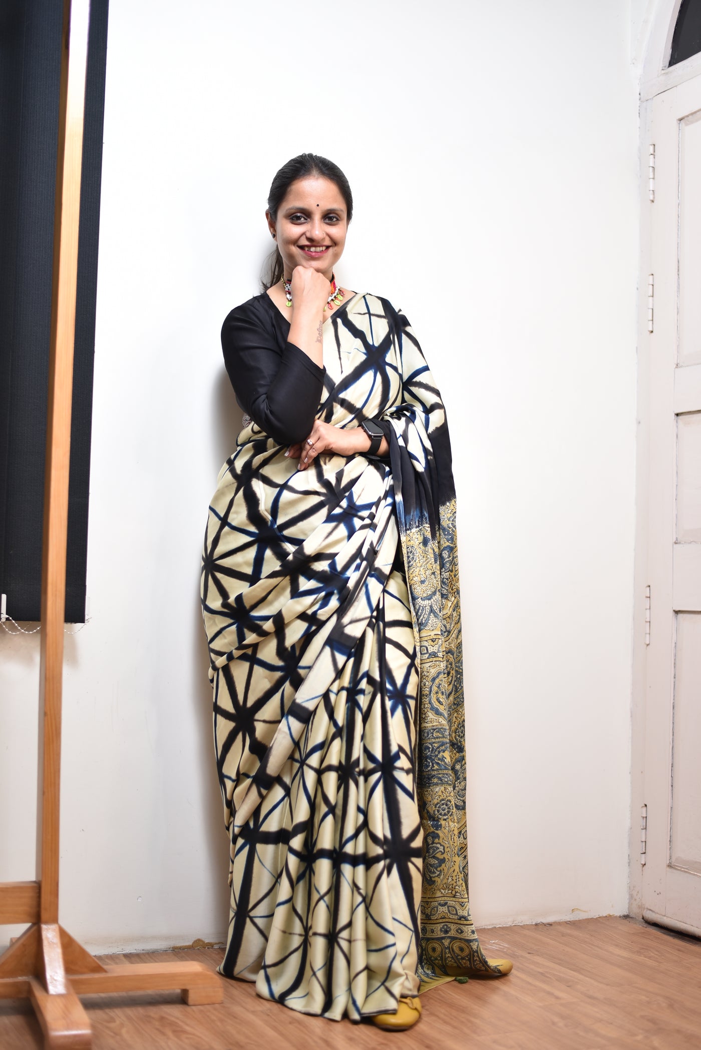 OJASWINI: Handmade Clamp Dyed- Ajrakh Modal Silk Saree