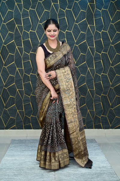 PEHCHAAN:HANDBLOCK AJRAKH PURE SILK-LINEN SAREE with meenakari border