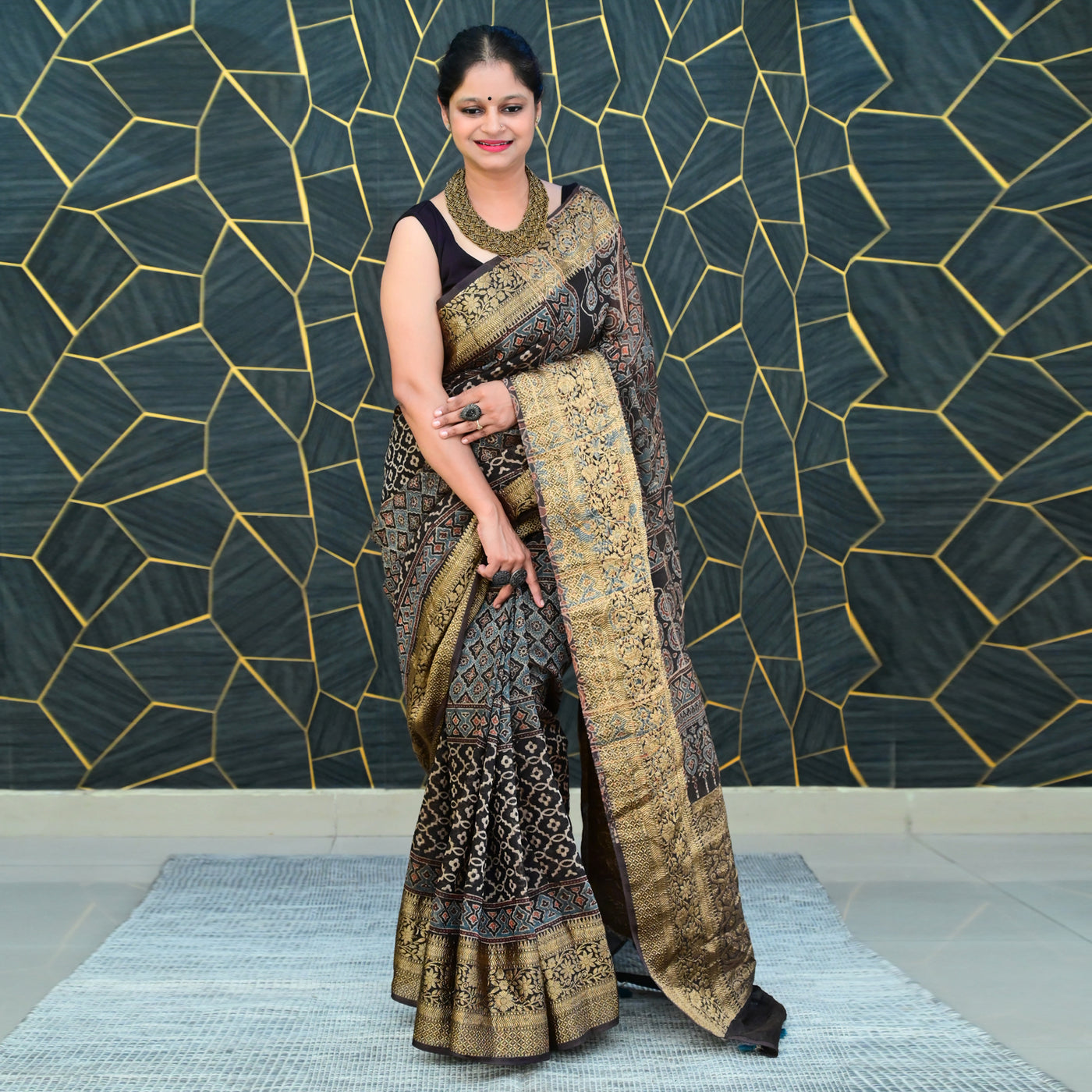 PEHCHAAN:HANDBLOCK AJRAKH PURE SILK-LINEN SAREE with meenakari border