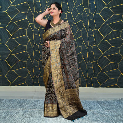 PEHCHAAN:HANDBLOCK AJRAKH PURE SILK-LINEN SAREE with meenakari border