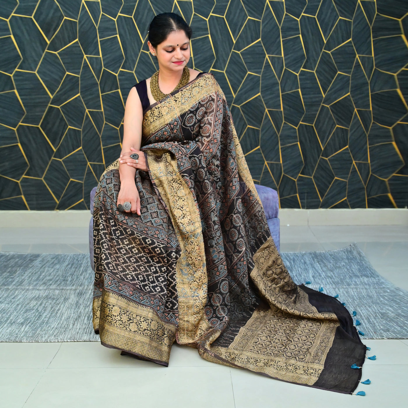 PEHCHAAN:HANDBLOCK AJRAKH PURE SILK-LINEN SAREE with meenakari border