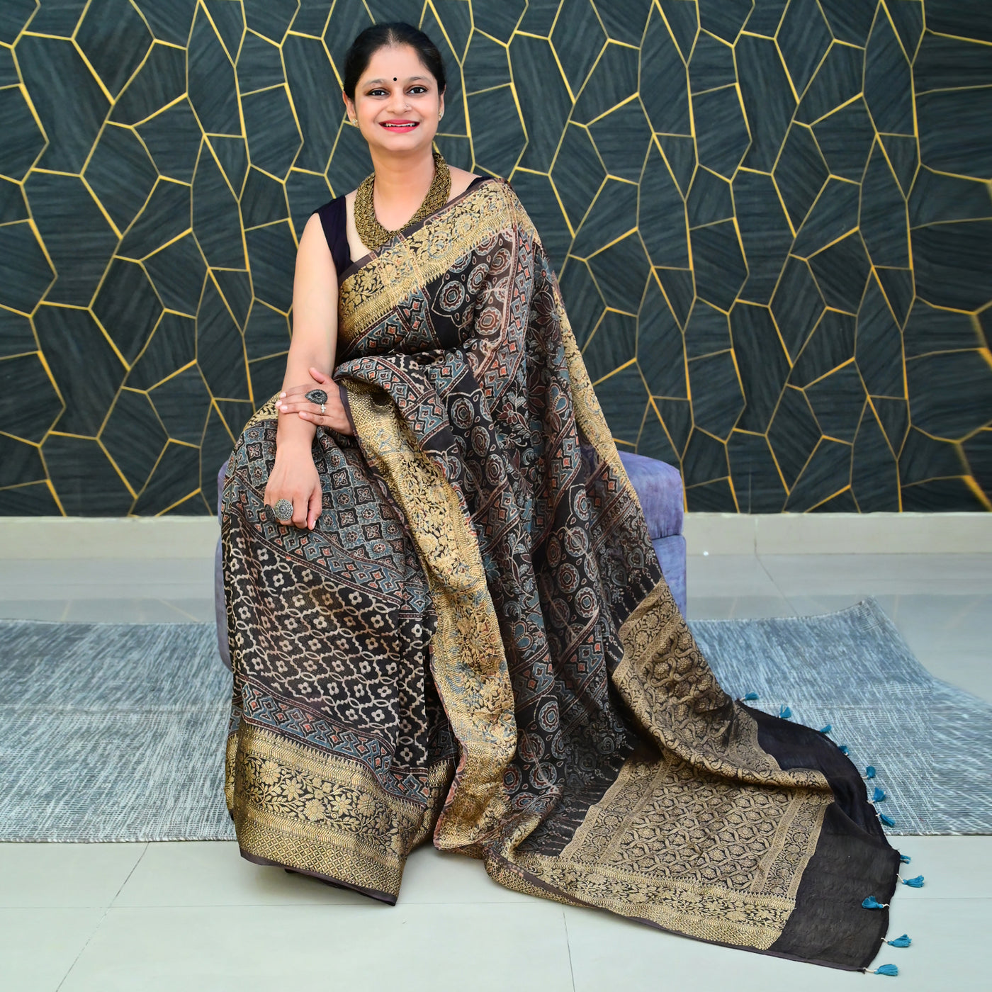 PEHCHAAN:HANDBLOCK AJRAKH PURE SILK-LINEN SAREE with meenakari border