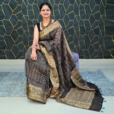 PEHCHAAN:HANDBLOCK AJRAKH PURE SILK-LINEN SAREE with meenakari border