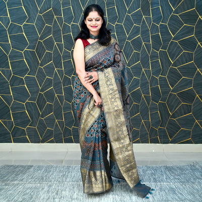 RANGSAAZ:HANDBLOCK AJRAKH PURE SILK-LINEN SAREE WITH MEENAKARI PALLU