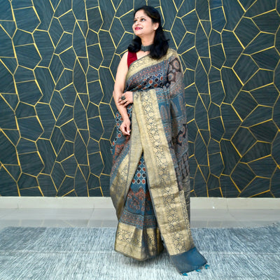 RANGSAAZ:HANDBLOCK AJRAKH PURE SILK-LINEN SAREE WITH MEENAKARI PALLU