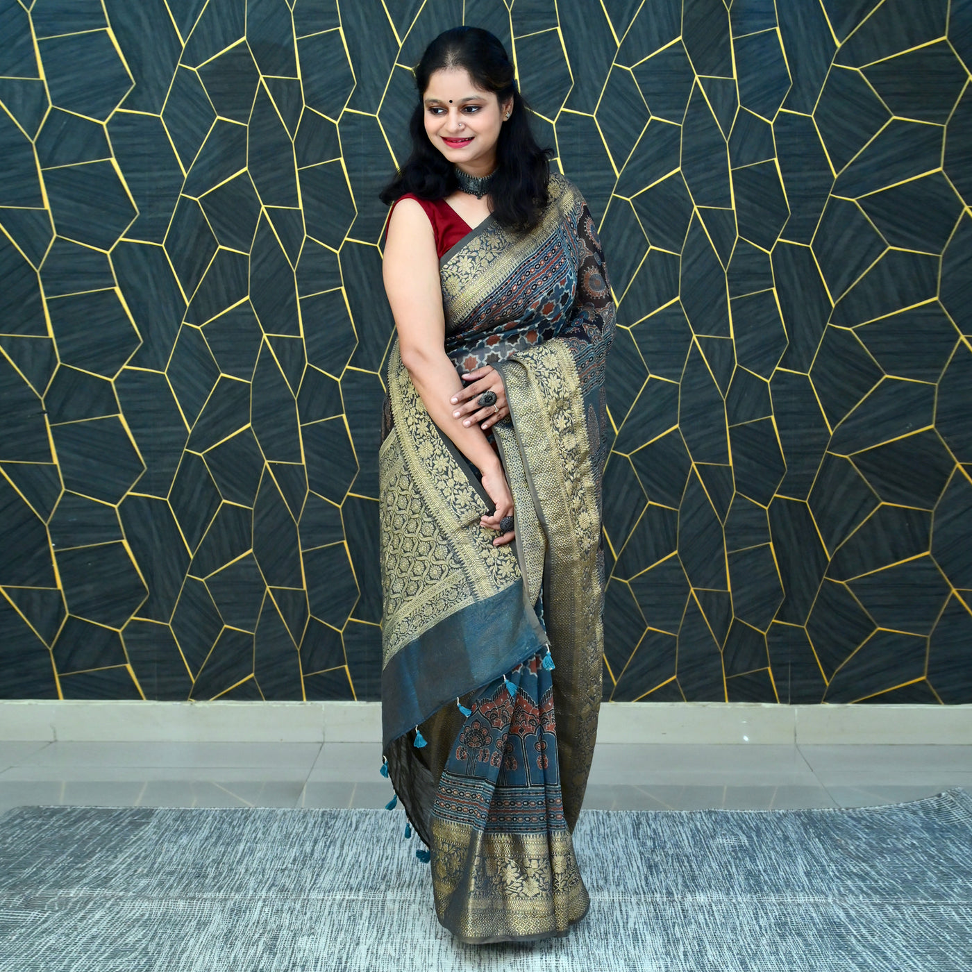 RANGSAAZ:HANDBLOCK AJRAKH PURE SILK-LINEN SAREE WITH MEENAKARI PALLU