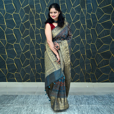 RANGSAAZ:HANDBLOCK AJRAKH PURE SILK-LINEN SAREE WITH MEENAKARI PALLU