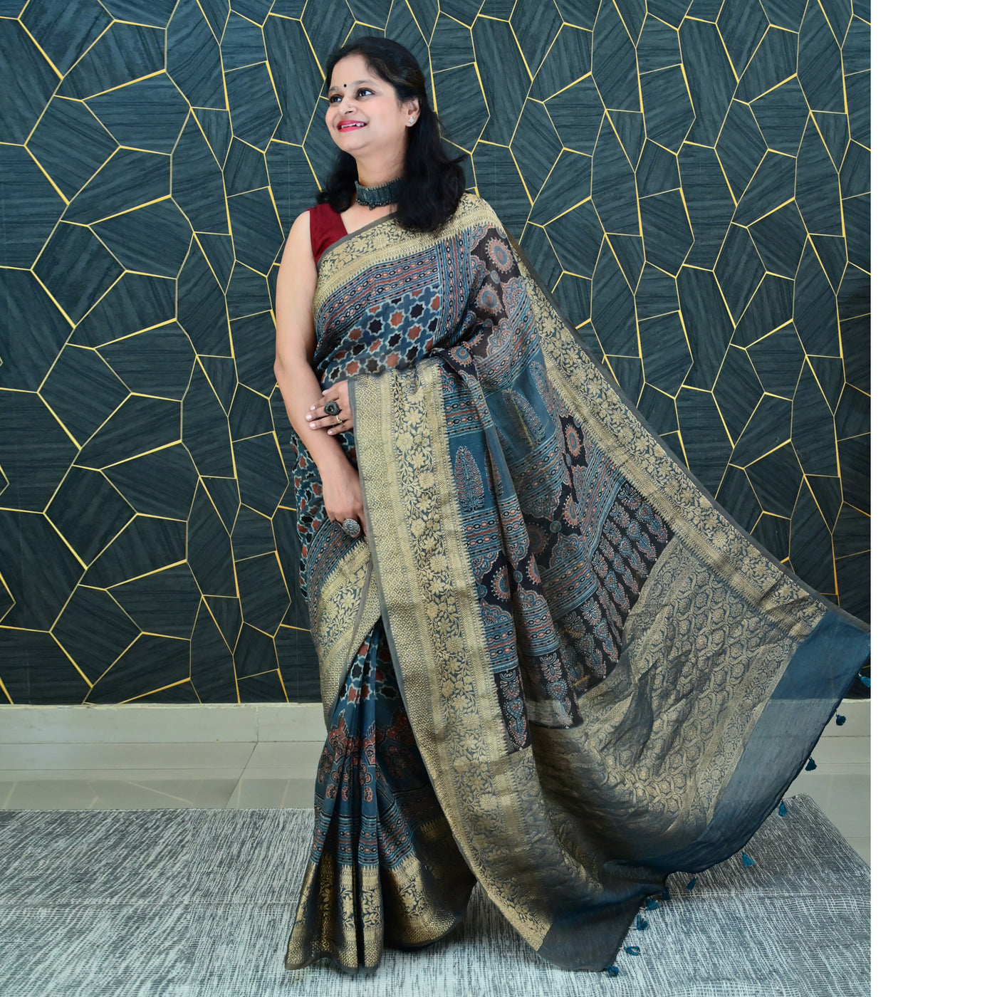 RANGSAAZ:HANDBLOCK AJRAKH PURE SILK-LINEN SAREE WITH MEENAKARI PALLU