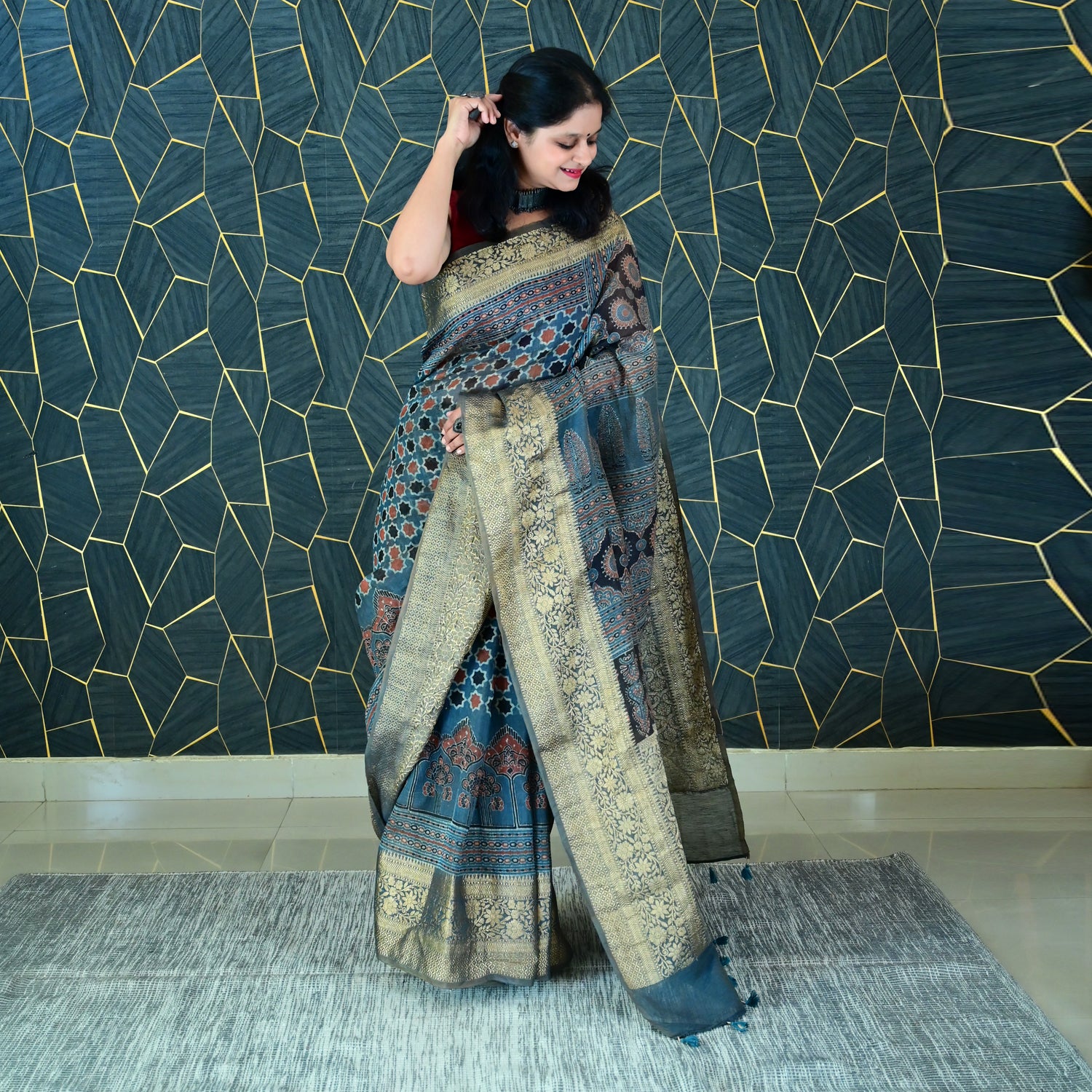 RANGSAAZ:HANDBLOCK AJRAKH PURE SILK-LINEN SAREE WITH MEENAKARI PALLU ...