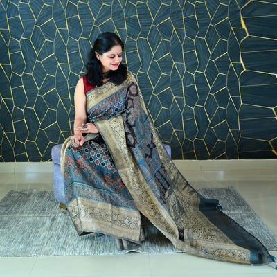 RANGSAAZ:HANDBLOCK AJRAKH PURE SILK-LINEN SAREE WITH MEENAKARI PALLU