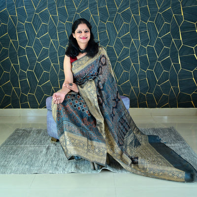 RANGSAAZ:HANDBLOCK AJRAKH PURE SILK-LINEN SAREE WITH MEENAKARI PALLU