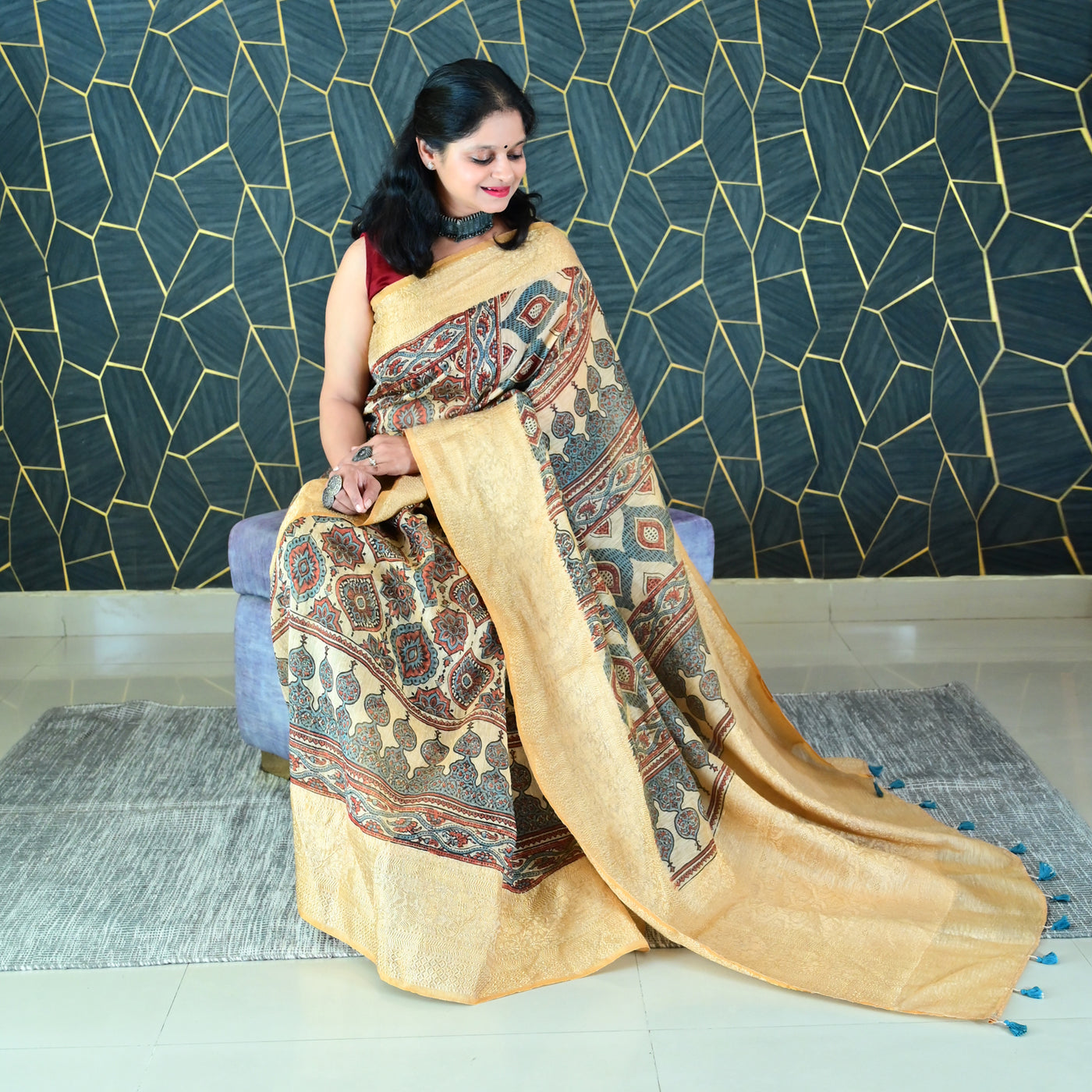 AANGAN:HANDBLOCK AJRAKH PURE SILK-LINEN SAREE WITH MEENAKARI PALLU