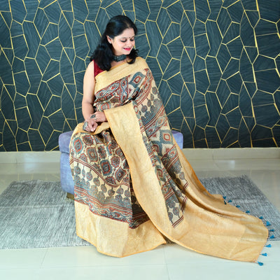AANGAN:HANDBLOCK AJRAKH PURE SILK-LINEN SAREE WITH MEENAKARI PALLU