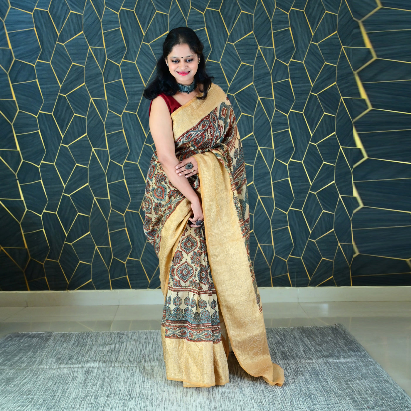 AANGAN:HANDBLOCK AJRAKH PURE SILK-LINEN SAREE WITH MEENAKARI PALLU