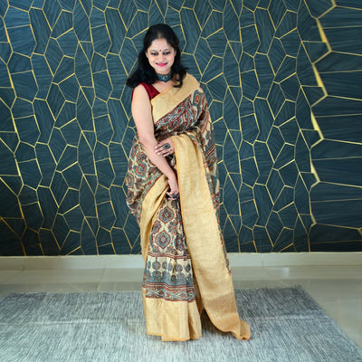 AANGAN:HANDBLOCK AJRAKH PURE SILK-LINEN SAREE WITH MEENAKARI PALLU
