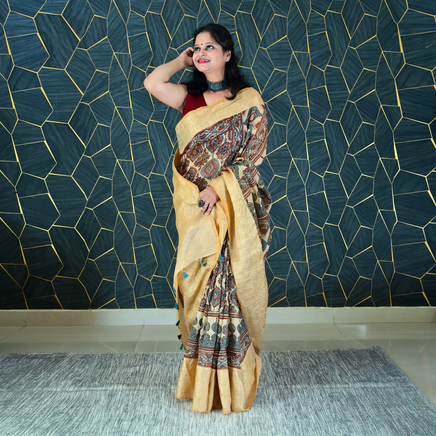 AANGAN:HANDBLOCK AJRAKH PURE SILK-LINEN SAREE WITH MEENAKARI PALLU