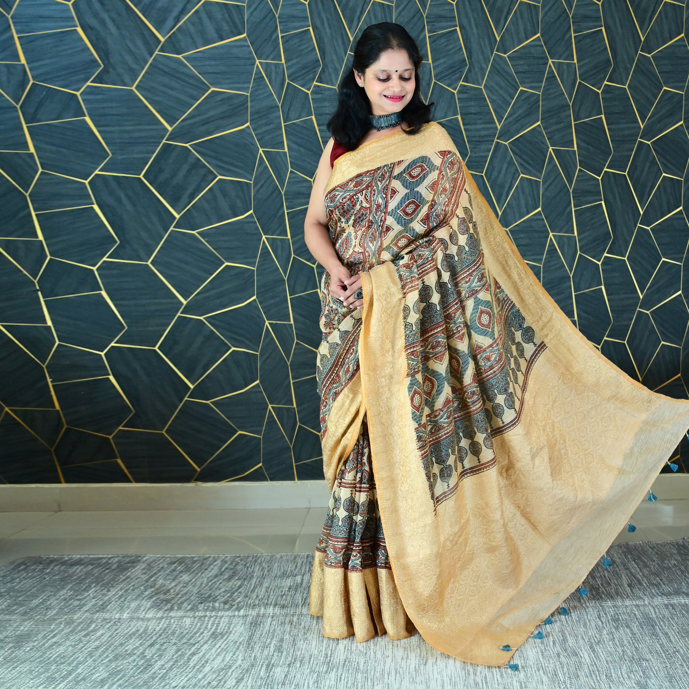 AANGAN:HANDBLOCK AJRAKH PURE SILK-LINEN SAREE WITH MEENAKARI PALLU