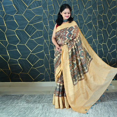AANGAN:HANDBLOCK AJRAKH PURE SILK-LINEN SAREE WITH MEENAKARI PALLU