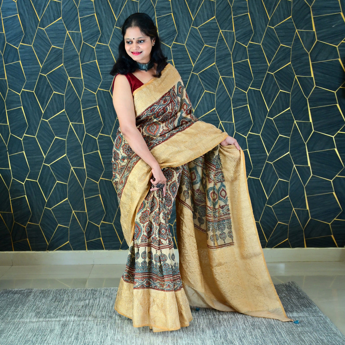 AANGAN:HANDBLOCK AJRAKH PURE SILK-LINEN SAREE WITH MEENAKARI PALLU
