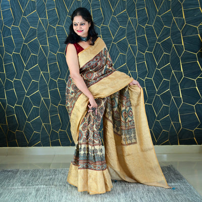 AANGAN:HANDBLOCK AJRAKH PURE SILK-LINEN SAREE WITH MEENAKARI PALLU