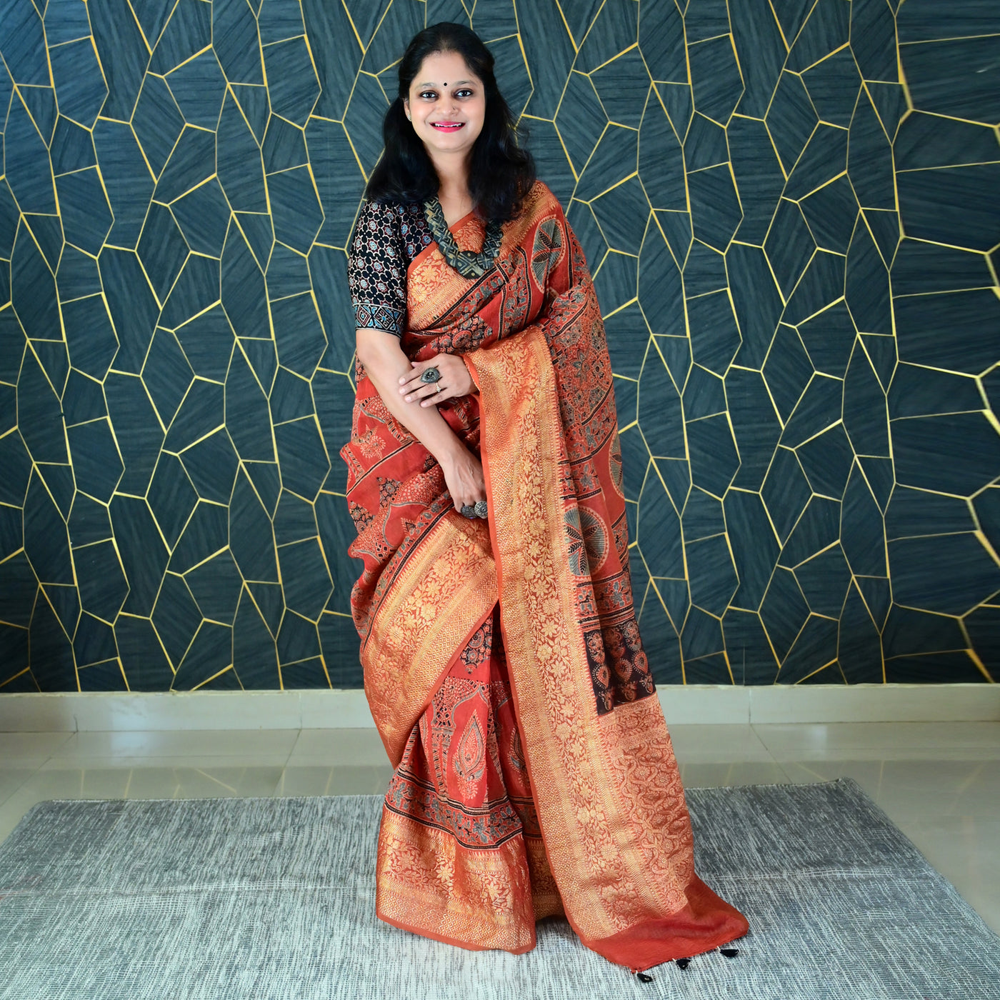 PADMA:HANDBLOCK AJRAKH PURE SILK-LINEN SAREE WITH MEENAKARI PALLU