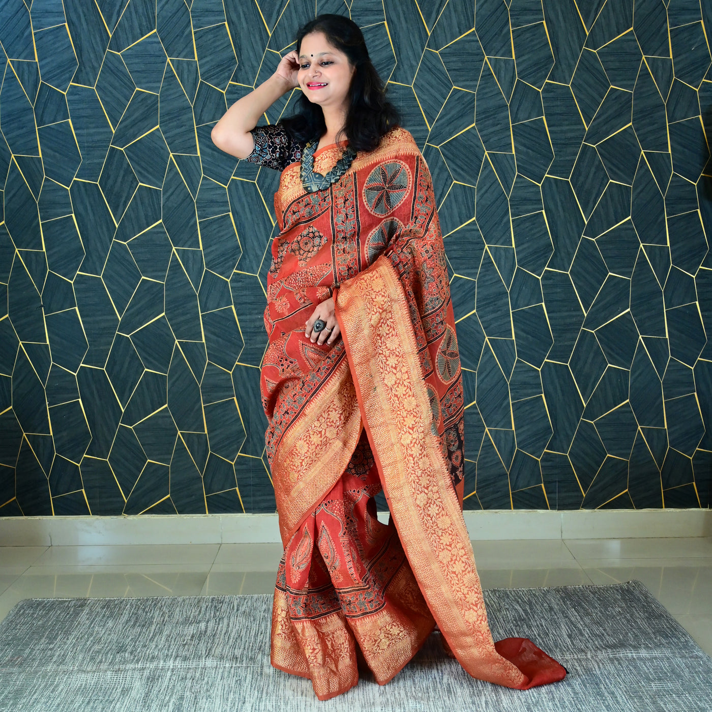 PADMA:HANDBLOCK AJRAKH PURE SILK-LINEN SAREE WITH MEENAKARI PALLU