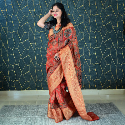 PADMA:HANDBLOCK AJRAKH PURE SILK-LINEN SAREE WITH MEENAKARI PALLU