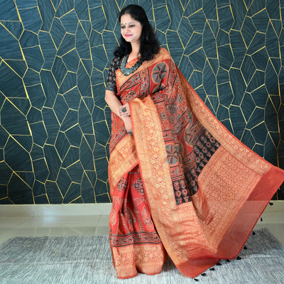 PADMA:HANDBLOCK AJRAKH PURE SILK-LINEN SAREE WITH MEENAKARI PALLU