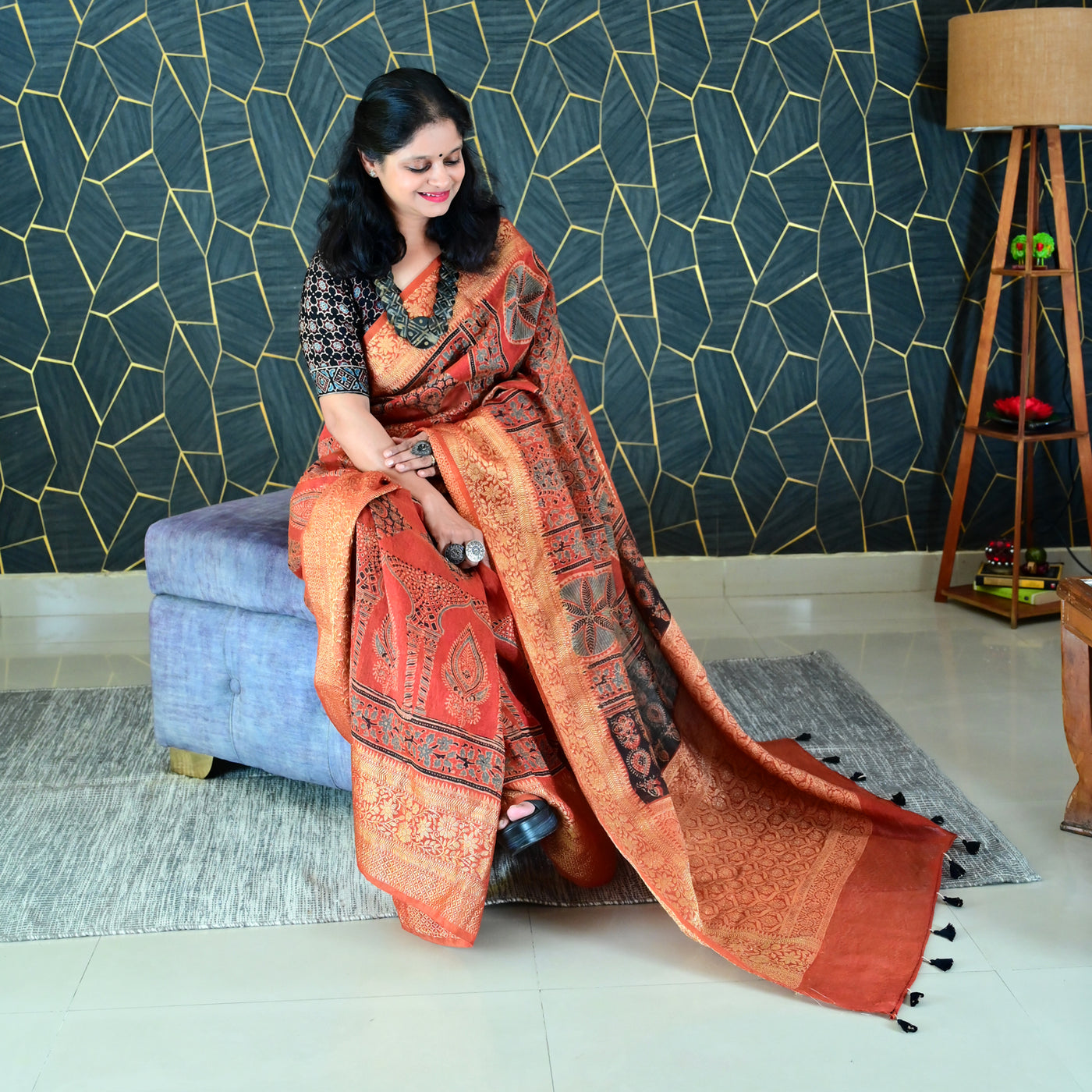 PADMA:HANDBLOCK AJRAKH PURE SILK-LINEN SAREE WITH MEENAKARI PALLU