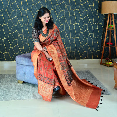 PADMA:HANDBLOCK AJRAKH PURE SILK-LINEN SAREE WITH MEENAKARI PALLU