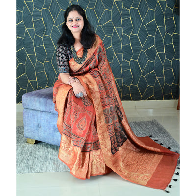 PADMA:HANDBLOCK AJRAKH PURE SILK-LINEN SAREE WITH MEENAKARI PALLU