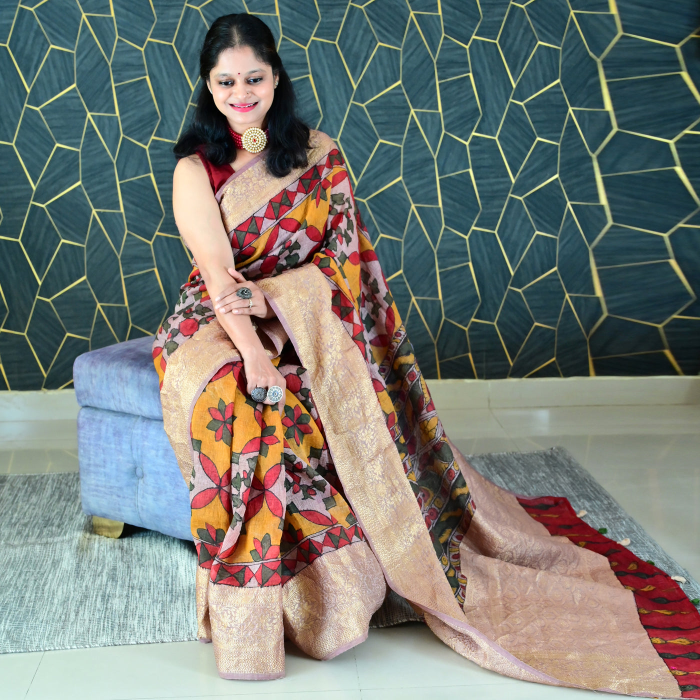 NIRANJANA:HAND DRAWN&HAND PAINTED PURE SILK-LINEN PEN KALAMKARI SAREE WITH MEENAKARI PALLU
