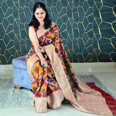 NIRANJANA:HAND DRAWN&HAND PAINTED PURE SILK-LINEN PEN KALAMKARI SAREE WITH MEENAKARI PALLU
