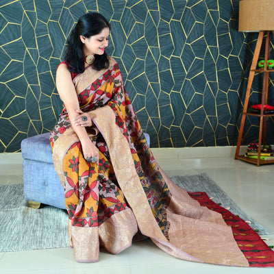 NIRANJANA:HAND DRAWN&HAND PAINTED PURE SILK-LINEN PEN KALAMKARI SAREE WITH MEENAKARI PALLU