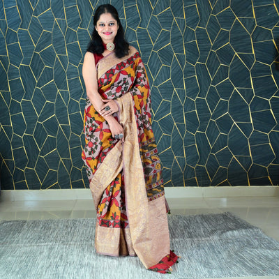 NIRANJANA:HAND DRAWN&HAND PAINTED PURE SILK-LINEN PEN KALAMKARI SAREE WITH MEENAKARI PALLU