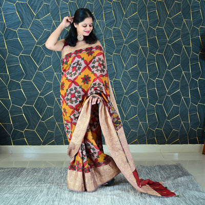 NIRANJANA:HAND DRAWN&HAND PAINTED PURE SILK-LINEN PEN KALAMKARI SAREE WITH MEENAKARI PALLU