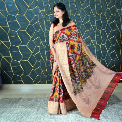 NIRANJANA:HAND DRAWN&HAND PAINTED PURE SILK-LINEN PEN KALAMKARI SAREE WITH MEENAKARI PALLU
