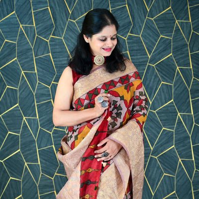 NIRANJANA:HAND DRAWN&HAND PAINTED PURE SILK-LINEN PEN KALAMKARI SAREE WITH MEENAKARI PALLU