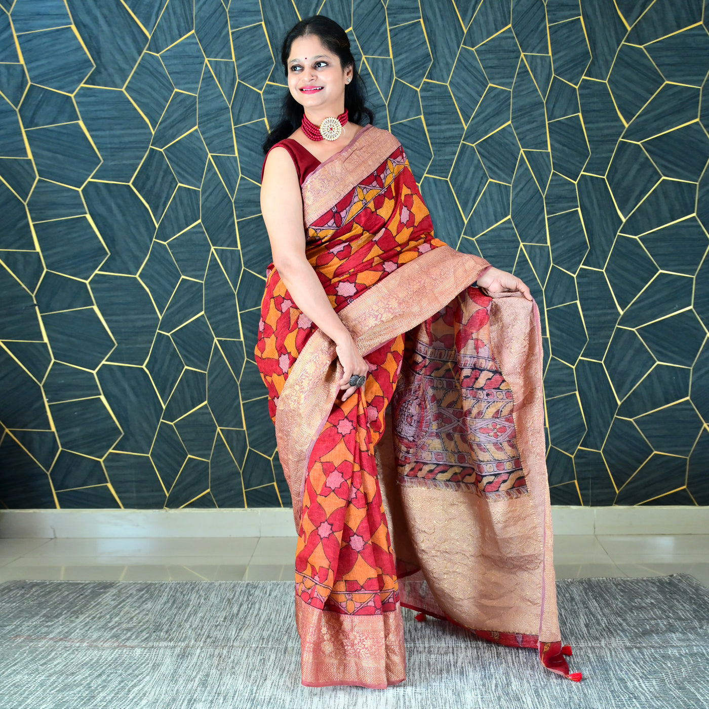 AABROO:HAND DRAWN&HAND PAINTED PURE SILK-LINEN PEN KALAMKARI SAREE WITH MEENAKARI PALLU