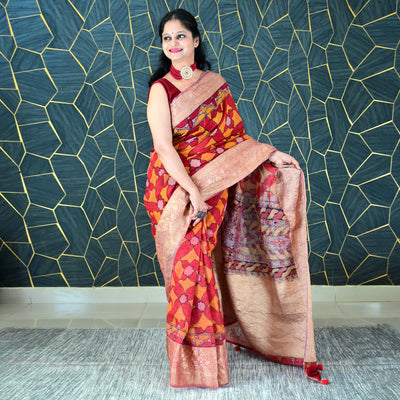 AABROO:HAND DRAWN&HAND PAINTED PURE SILK-LINEN PEN KALAMKARI SAREE WITH MEENAKARI PALLU