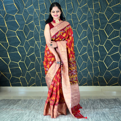 AABROO:HAND DRAWN&HAND PAINTED PURE SILK-LINEN PEN KALAMKARI SAREE WITH MEENAKARI PALLU