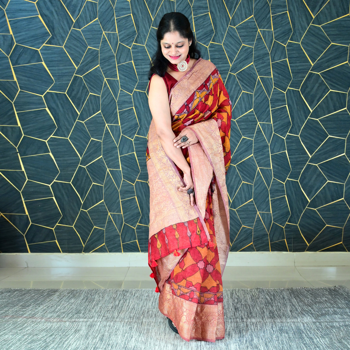 AABROO:HAND DRAWN&HAND PAINTED PURE SILK-LINEN PEN KALAMKARI SAREE WITH MEENAKARI PALLU