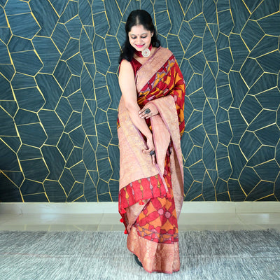AABROO:HAND DRAWN&HAND PAINTED PURE SILK-LINEN PEN KALAMKARI SAREE WITH MEENAKARI PALLU