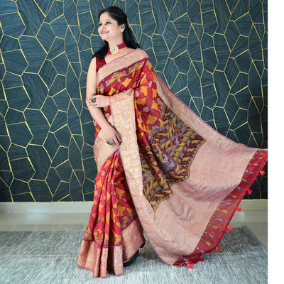 AABROO:HAND DRAWN&HAND PAINTED PURE SILK-LINEN PEN KALAMKARI SAREE WITH MEENAKARI PALLU