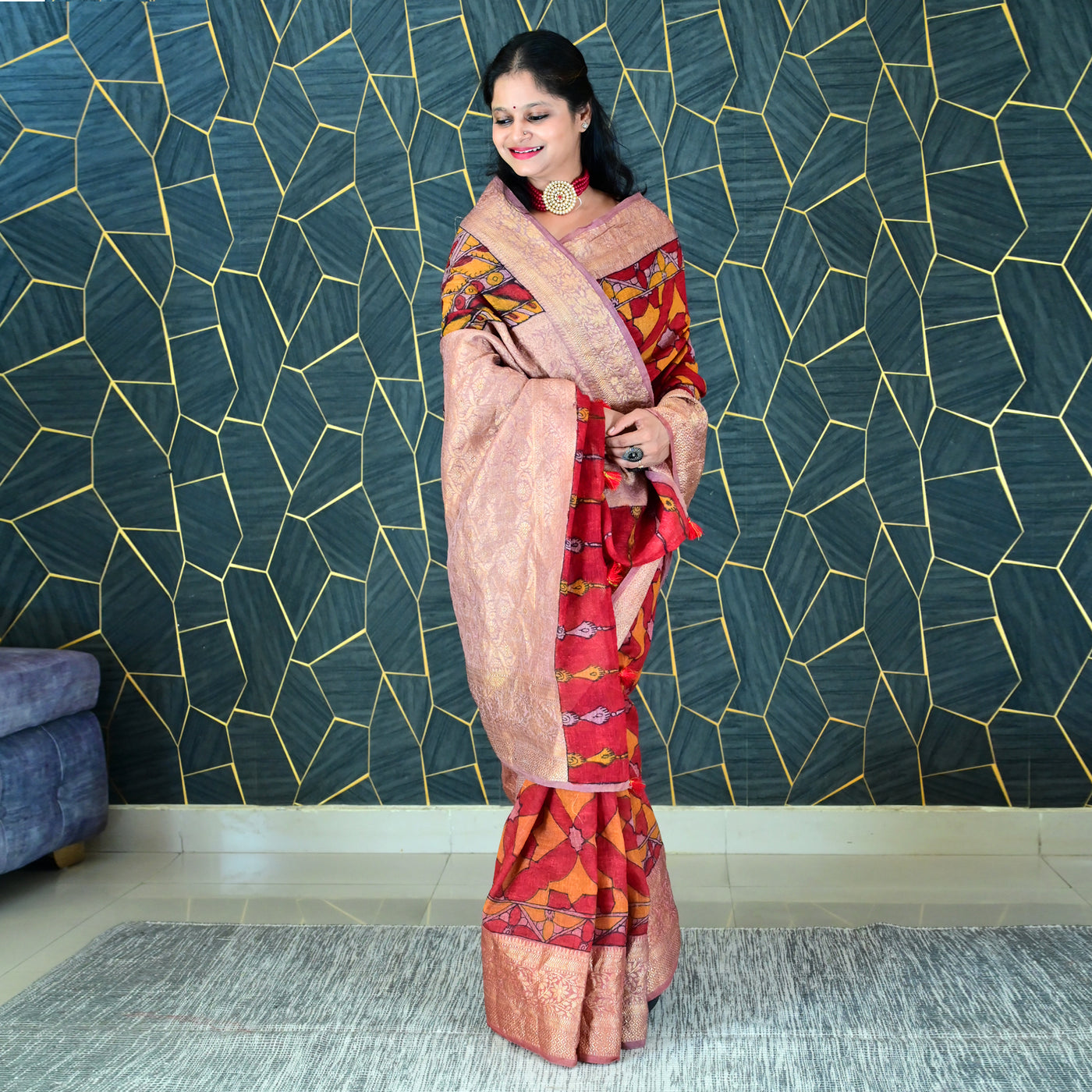 AABROO:HAND DRAWN&HAND PAINTED PURE SILK-LINEN PEN KALAMKARI SAREE WITH MEENAKARI PALLU