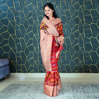 AABROO:HAND DRAWN&HAND PAINTED PURE SILK-LINEN PEN KALAMKARI SAREE WITH MEENAKARI PALLU