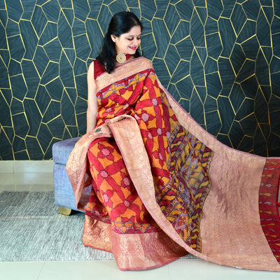 AABROO:HAND DRAWN&HAND PAINTED PURE SILK-LINEN PEN KALAMKARI SAREE WITH MEENAKARI PALLU