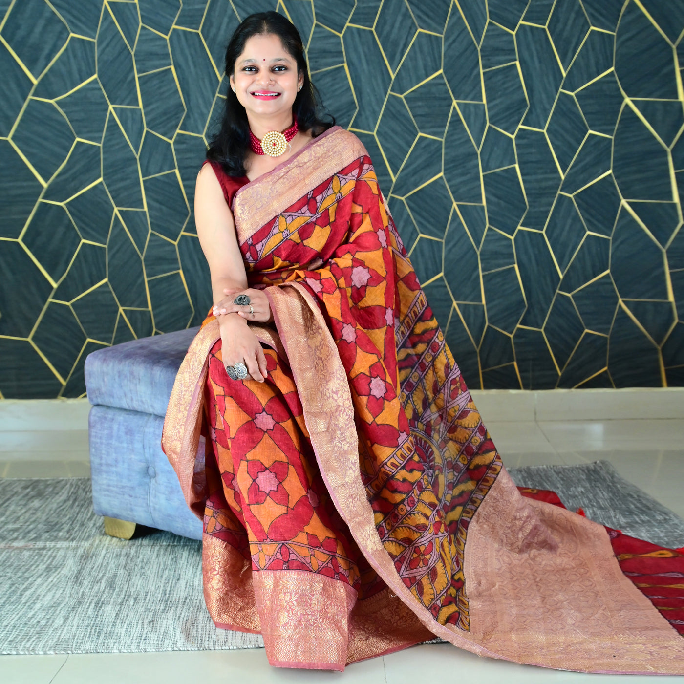 AABROO:HAND DRAWN&HAND PAINTED PURE SILK-LINEN PEN KALAMKARI SAREE WITH MEENAKARI PALLU