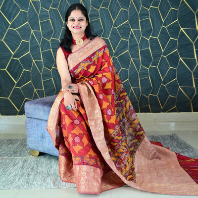 AABROO:HAND DRAWN&HAND PAINTED PURE SILK-LINEN PEN KALAMKARI SAREE WITH MEENAKARI PALLU